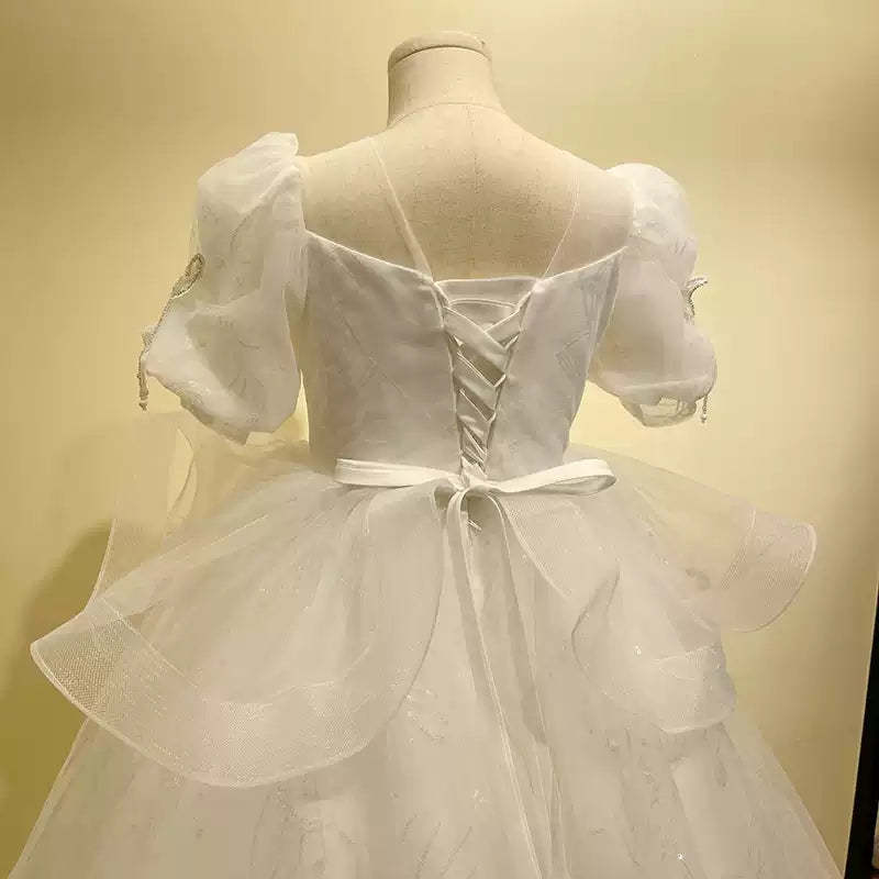 Short Sleeve Flower Girl Party Dresses with Rhinestone Appliques in A-Line/Princess Style