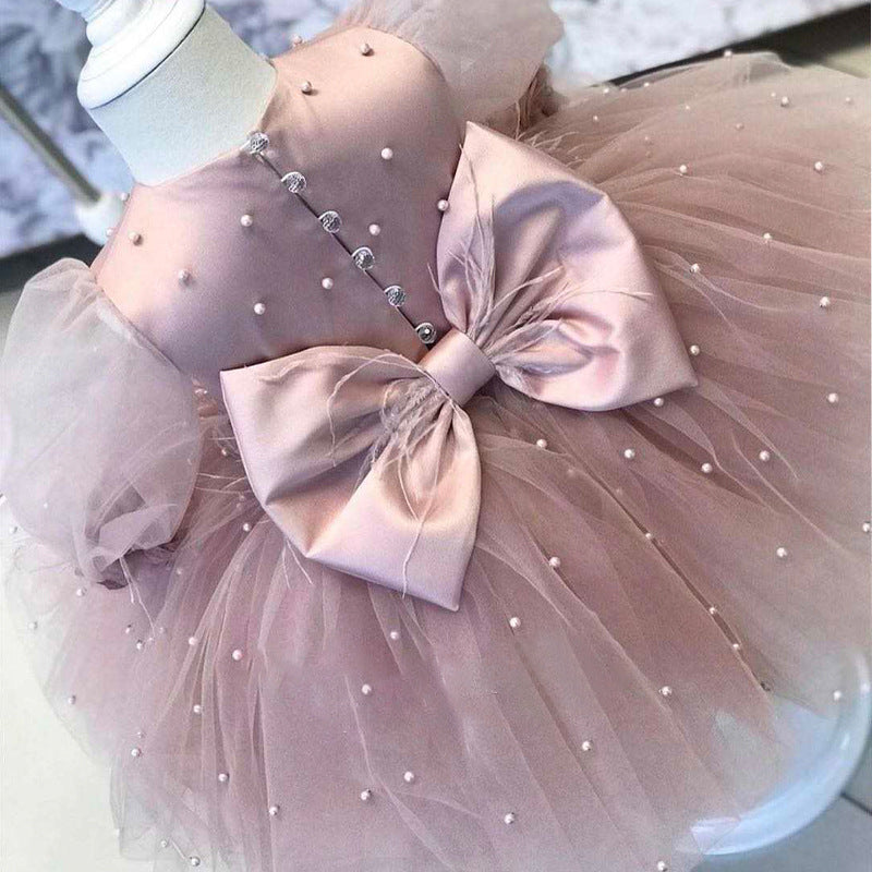 Knee-Length Baby Girl Ball Gown with Long Sleeves Beading Feathers & Bow