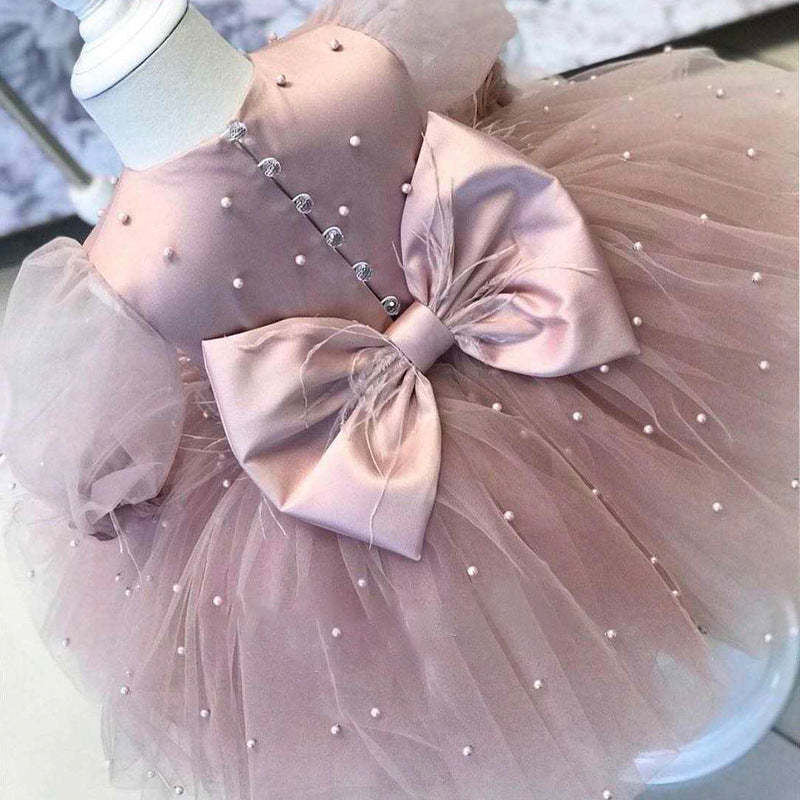 Knee-Length Baby Girl Ball Gown with Long Sleeves Beading Feathers & Bow
