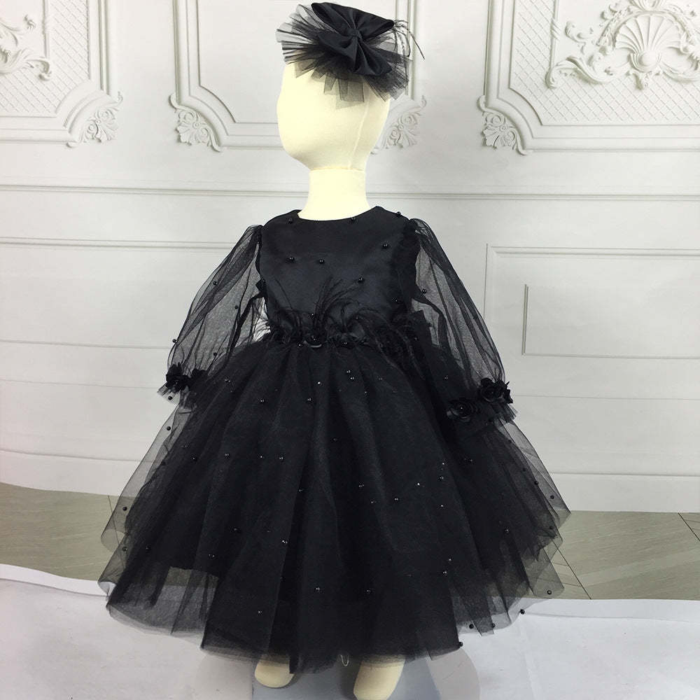 Knee-Length Baby Girl Ball Gown with Long Sleeves Beading Feathers & Bow