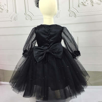 Knee-Length Baby Girl Ball Gown with Long Sleeves Beading Feathers & Bow