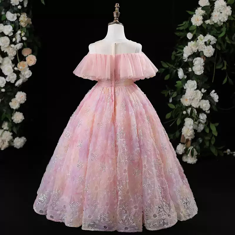 Floor-Length Princess A-Line Party Dresses for Girls with Floral Details and Off-the-Shoulder Design