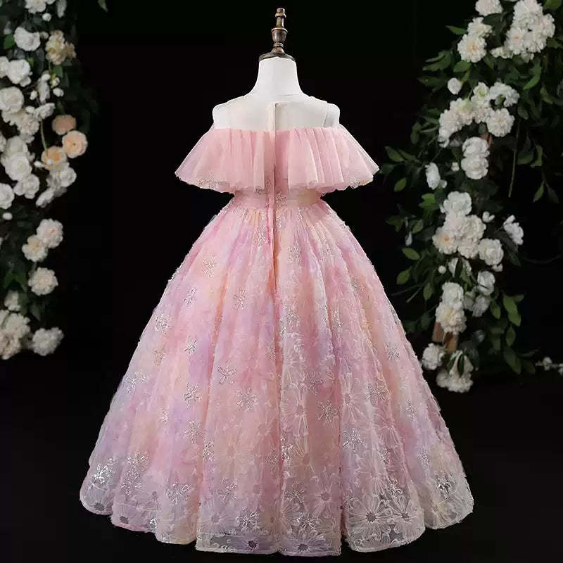 Floor-Length Princess A-Line Party Dresses for Girls with Floral Details and Off-the-Shoulder Design