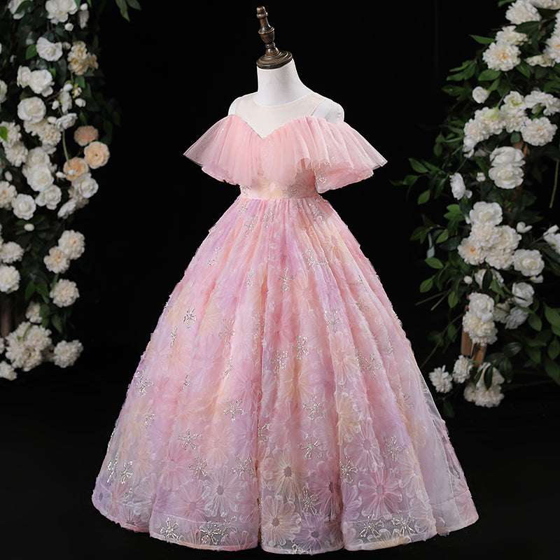 Floor-Length Princess A-Line Party Dresses for Girls with Floral Details and Off-the-Shoulder Design