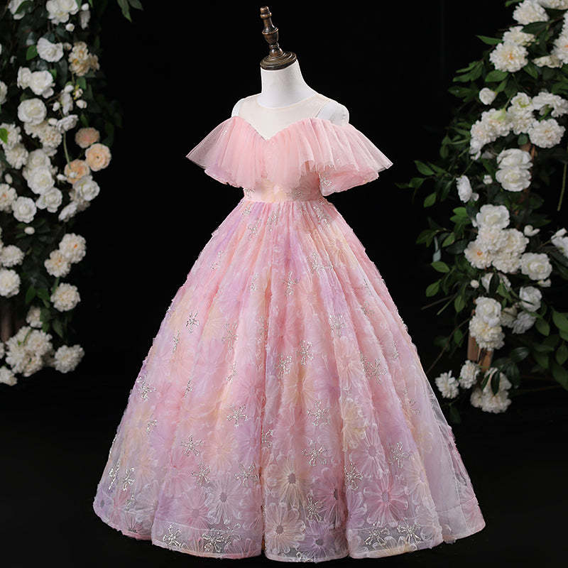 Floor-Length Princess A-Line Party Dresses for Girls with Floral Details and Off-the-Shoulder Design