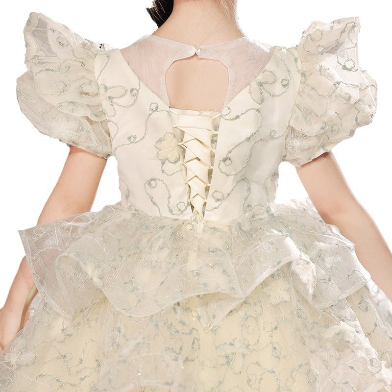 Short Sleeve A-Line Princess Flower Girl Dress with Rhinestone Appliques