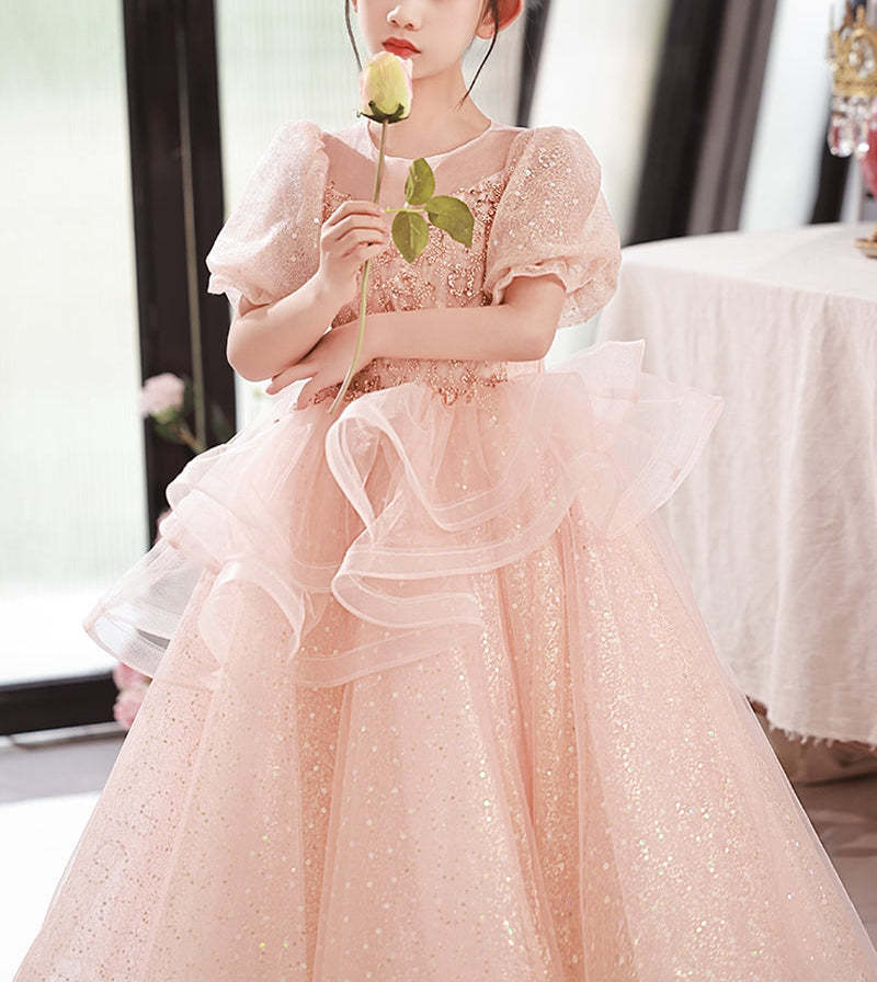 Princess A-Line Flower Girl Dress with Round Neck Short Sleeves and Crystal Appliques