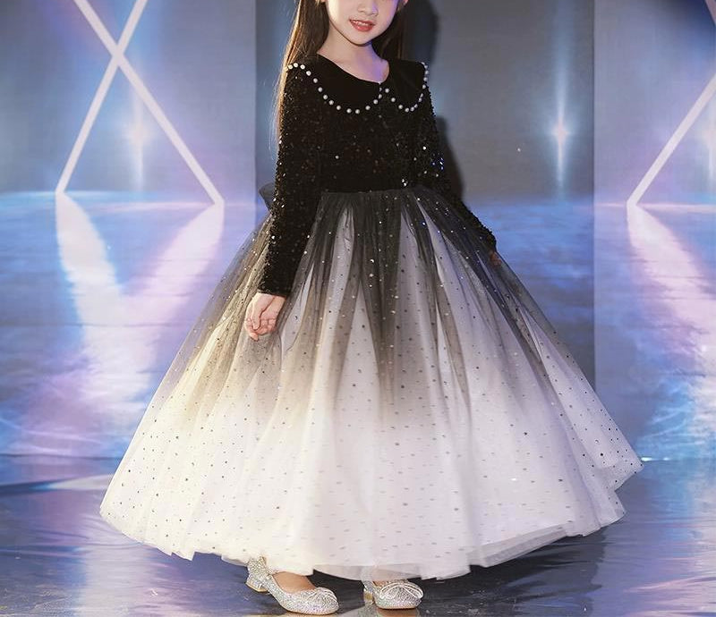 Princess Flower Girl Party Dress with Crystals and Long Beaded Lapel Sleeves