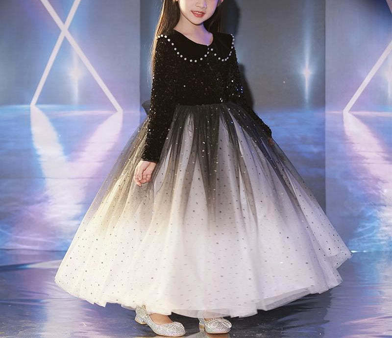 Princess Flower Girl Party Dress with Crystals and Long Beaded Lapel Sleeves