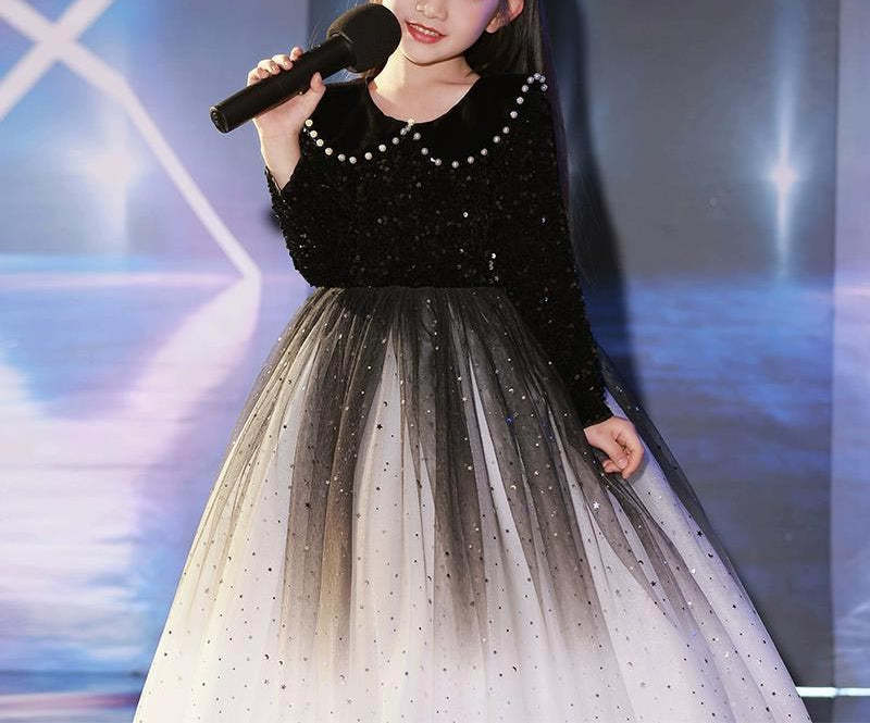 Princess Flower Girl Party Dress with Crystals and Long Beaded Lapel Sleeves