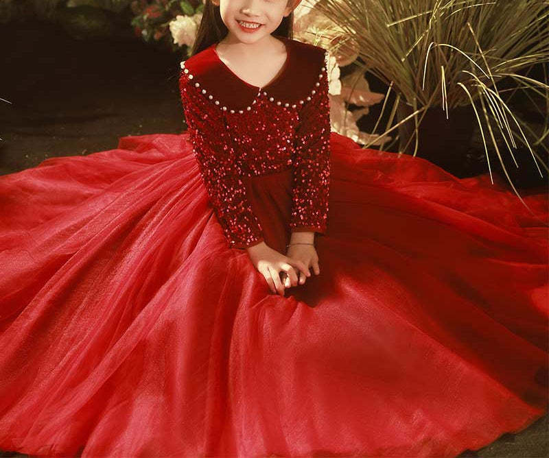 Princess Flower Girl Party Dress with Crystals and Long Beaded Lapel Sleeves