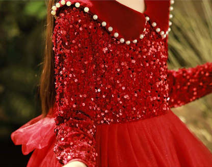 Princess Flower Girl Party Dress with Crystals and Long Beaded Lapel Sleeves