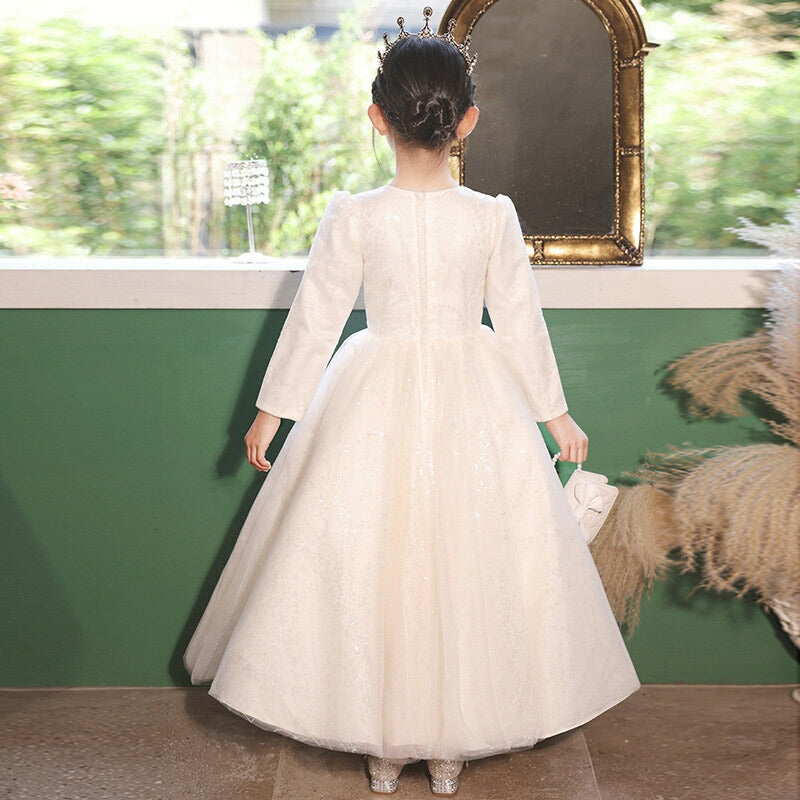 Flower Girl Dresses with Rhinestone Appliques: Ball Gown Style Round Neck Long Sleeves