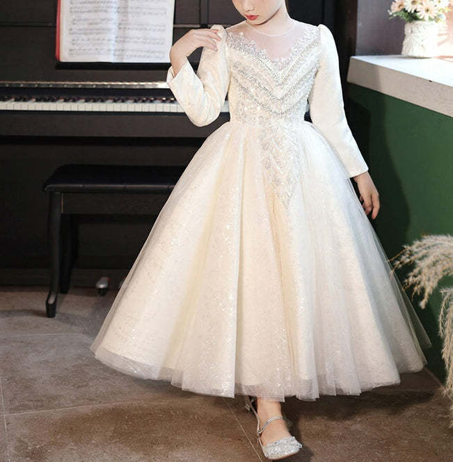 Flower Girl Dresses with Rhinestone Appliques: Ball Gown Style Round Neck Long Sleeves