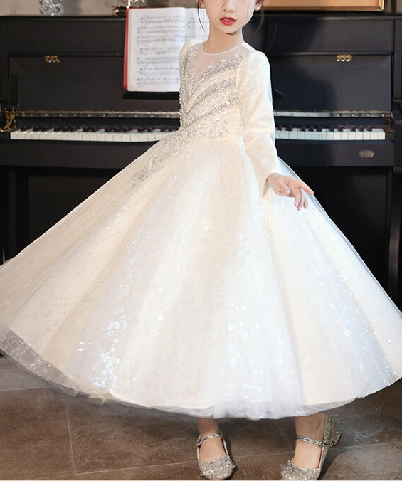 Flower Girl Dresses with Rhinestone Appliques: Ball Gown Style Round Neck Long Sleeves