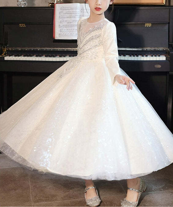 Flower Girl Dresses with Rhinestone Appliques: Ball Gown Style Round Neck Long Sleeves
