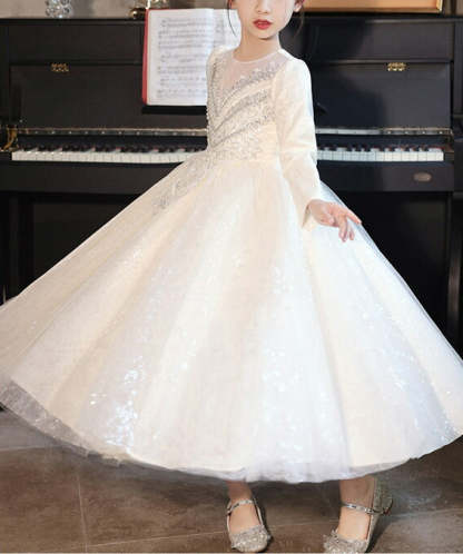 Flower Girl Dresses with Rhinestone Appliques: Ball Gown Style Round Neck Long Sleeves