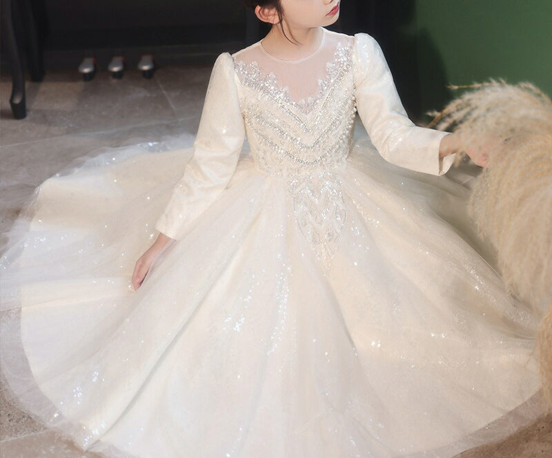 Flower Girl Dresses with Rhinestone Appliques: Ball Gown Style Round Neck Long Sleeves