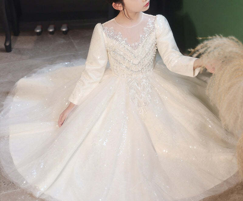 Flower Girl Dresses with Rhinestone Appliques: Ball Gown Style Round Neck Long Sleeves