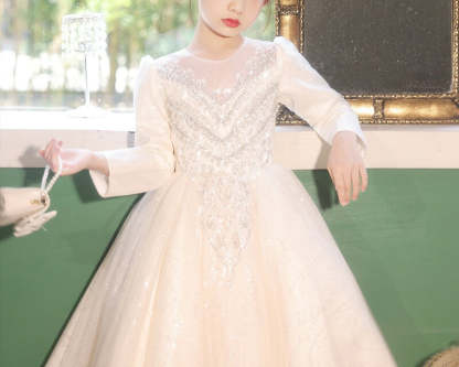 Flower Girl Dresses with Rhinestone Appliques: Ball Gown Style Round Neck Long Sleeves