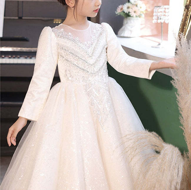 Flower Girl Dresses with Rhinestone Appliques: Ball Gown Style Round Neck Long Sleeves
