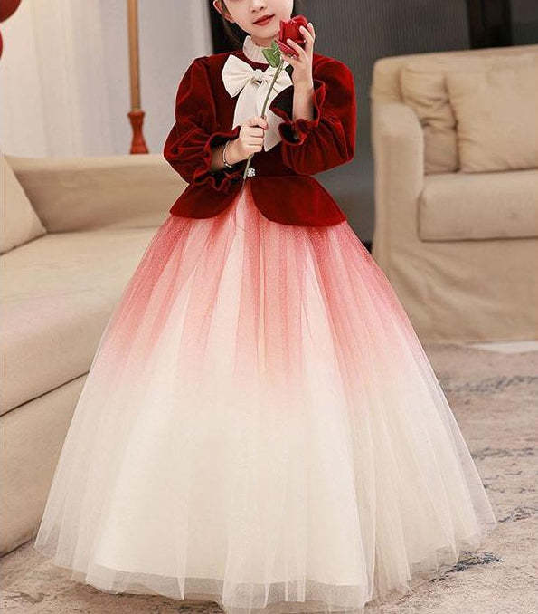 High Neck Long Sleeve A-Line Princess Flower Girl Dress with Bowknot