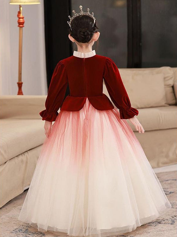 High Neck Long Sleeve A-Line Princess Flower Girl Dress with Bowknot