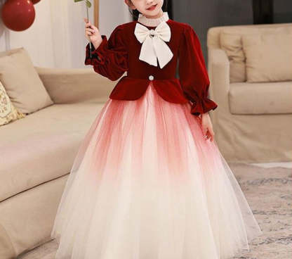 High Neck Long Sleeve A-Line Princess Flower Girl Dress with Bowknot