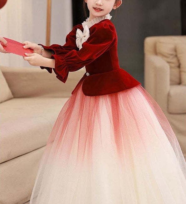High Neck Long Sleeve A-Line Princess Flower Girl Dress with Bowknot