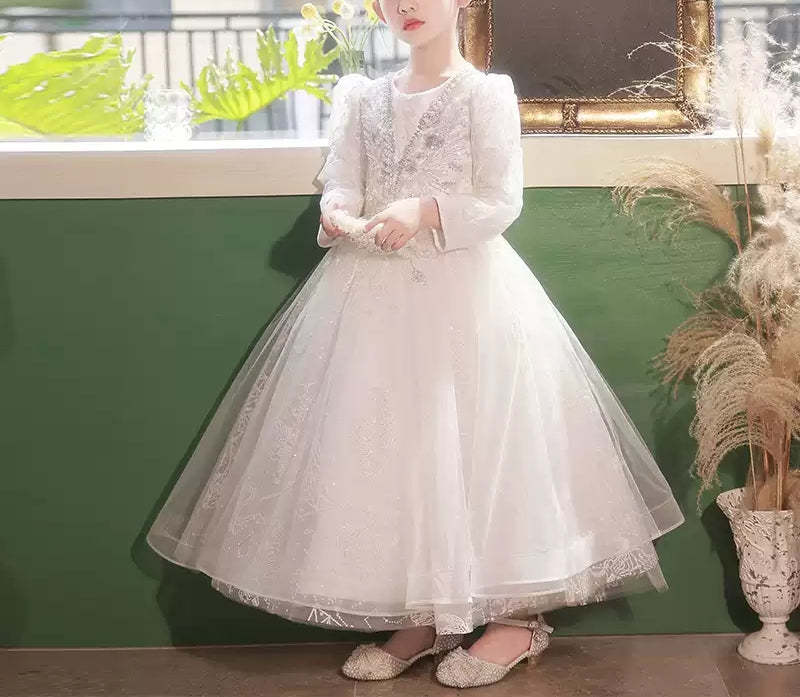 Lace Flower Girl Dress with Crystal Appliques – Round Neck Long Sleeves Ball Gown