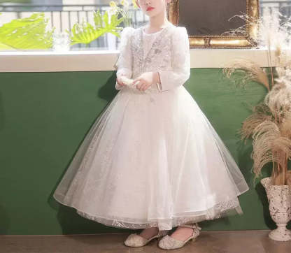 Lace Flower Girl Dress with Crystal Appliques – Round Neck Long Sleeves Ball Gown
