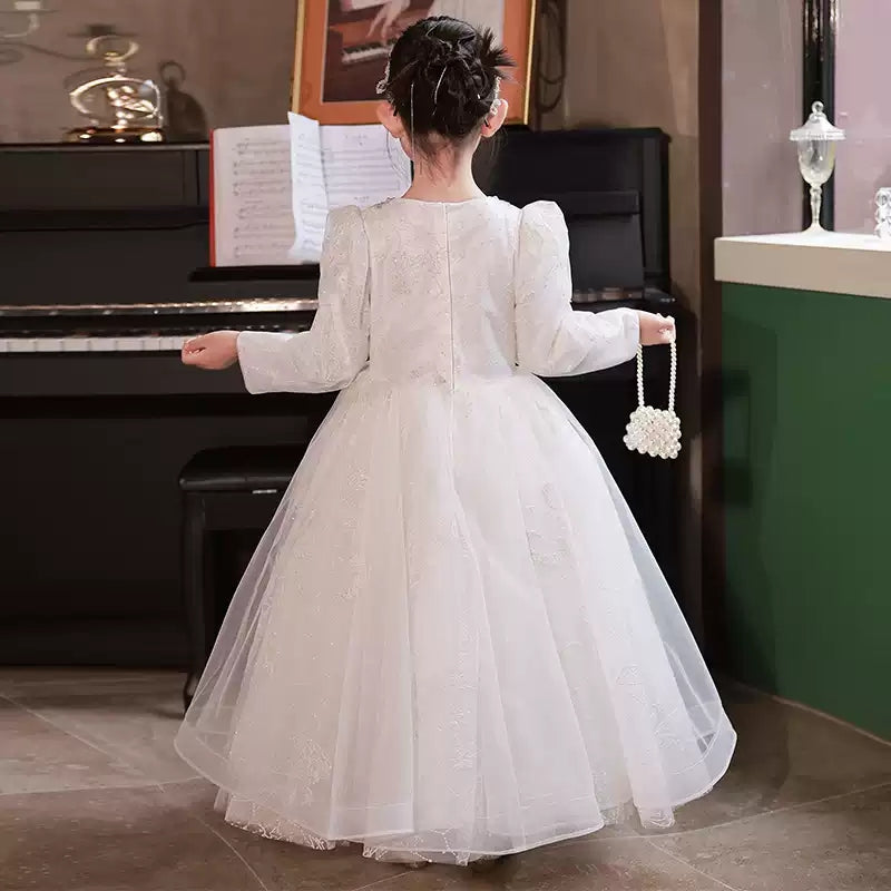 Lace Flower Girl Dress with Crystal Appliques – Round Neck Long Sleeves Ball Gown