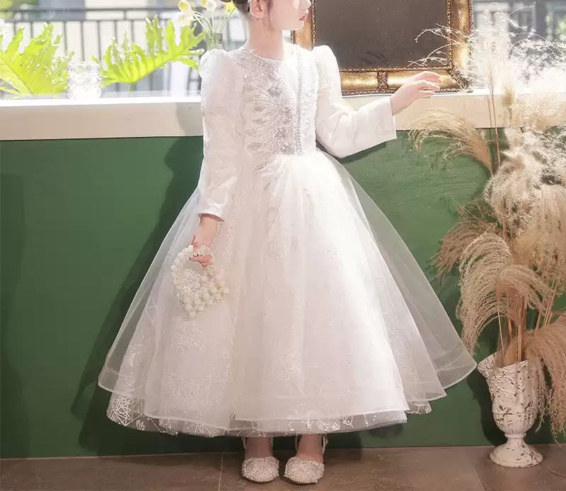 Lace Flower Girl Dress with Crystal Appliques – Round Neck Long Sleeves Ball Gown