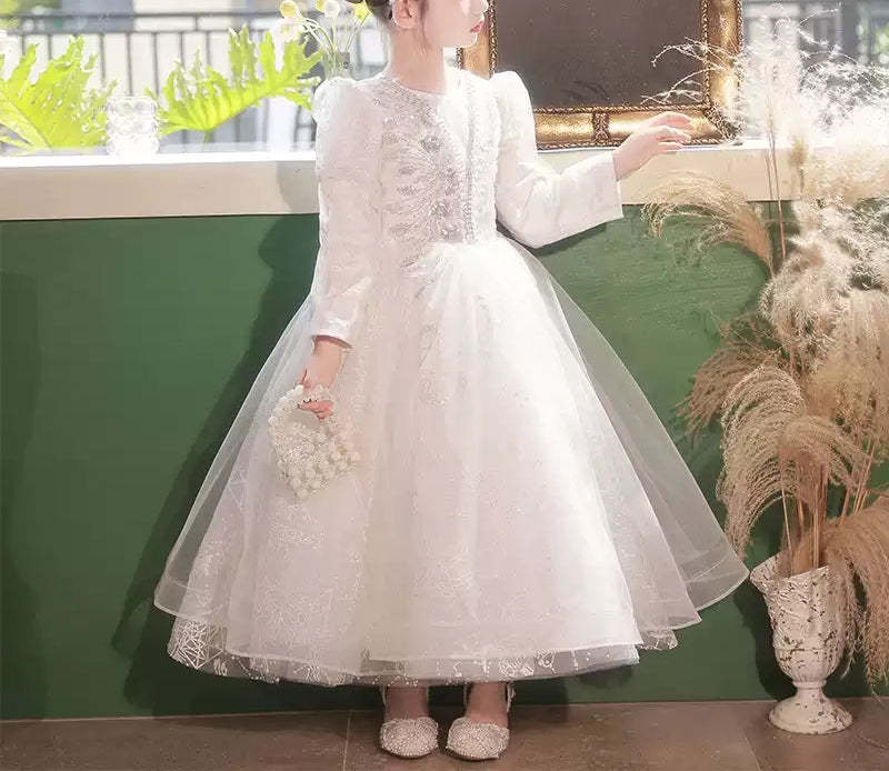 Lace Flower Girl Dress with Crystal Appliques – Round Neck Long Sleeves Ball Gown