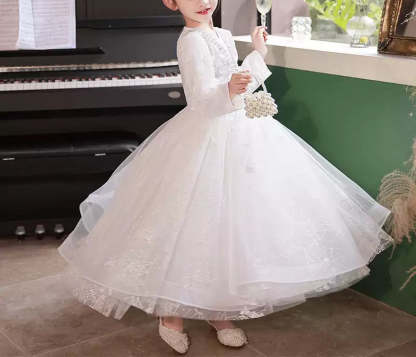 Lace Flower Girl Dress with Crystal Appliques – Round Neck Long Sleeves Ball Gown
