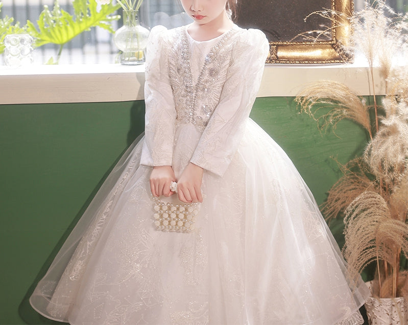 Lace Flower Girl Dress with Crystal Appliques – Round Neck Long Sleeves Ball Gown