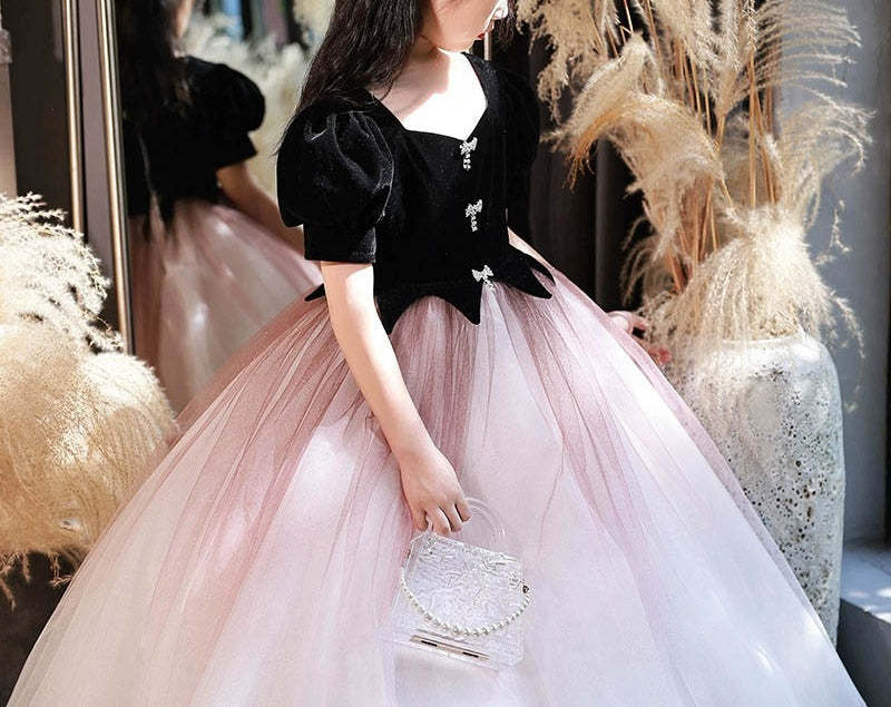 Princess A-Line V-Neck Floor-Length Party Dress with Short Sleeves and Crystals