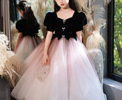 Princess A-Line V-Neck Floor-Length Party Dress with Short Sleeves and Crystals