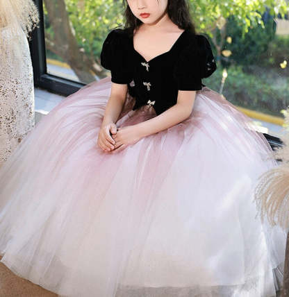 Princess A-Line V-Neck Floor-Length Party Dress with Short Sleeves and Crystals