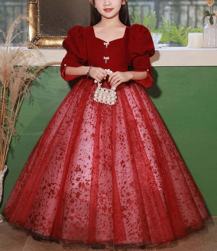 Princess A-Line Floor-Length Red Party Dress with V-Neck and Long Sleeves