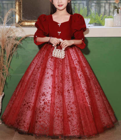 Princess A-Line Floor-Length Red Party Dress with V-Neck and Long Sleeves