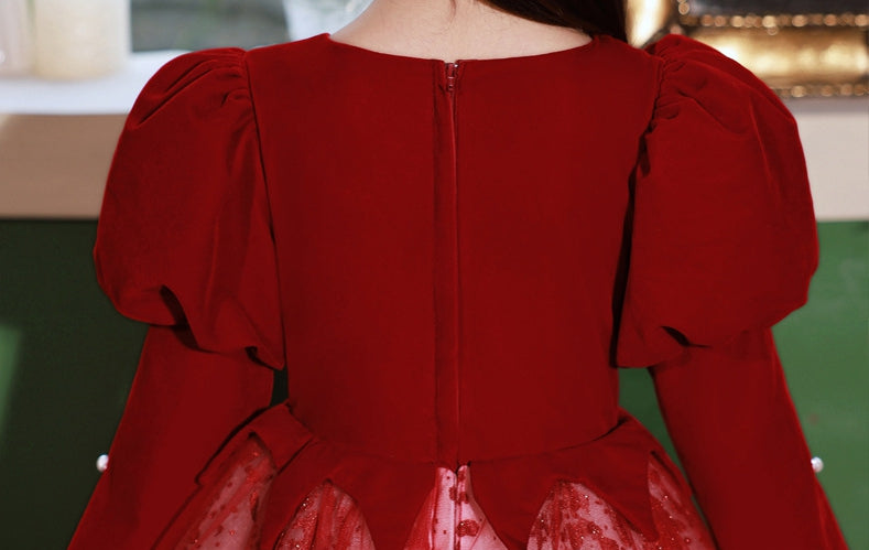 Princess A-Line Floor-Length Red Party Dress with V-Neck and Long Sleeves