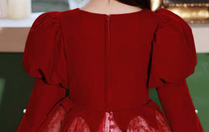 Princess A-Line Floor-Length Red Party Dress with V-Neck and Long Sleeves