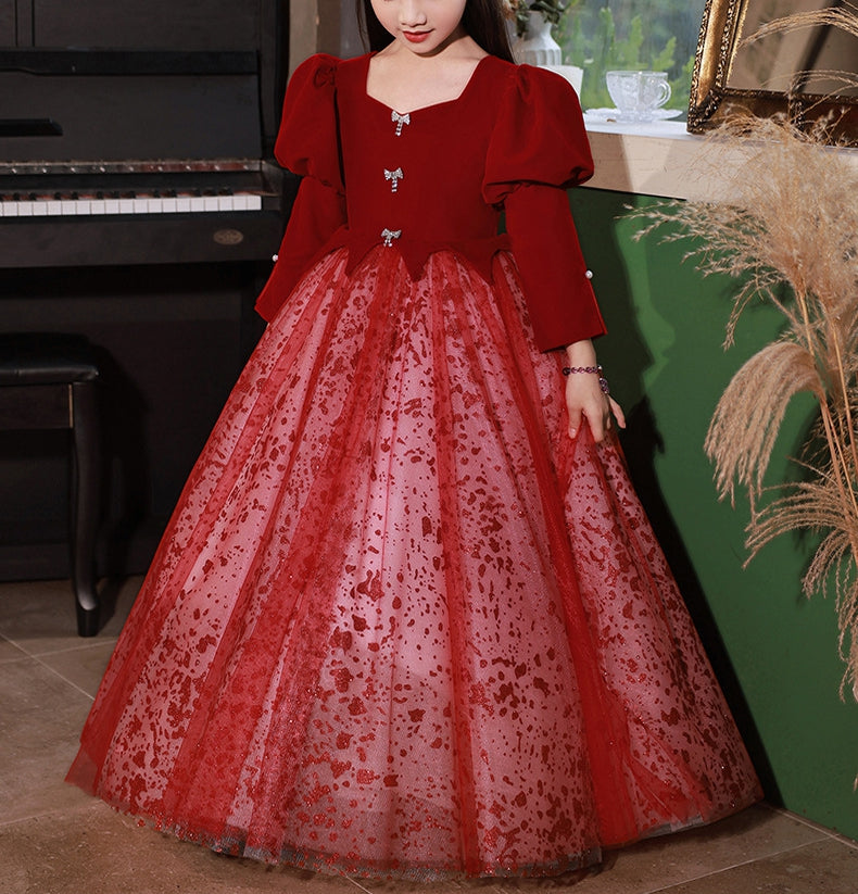 Princess A-Line Floor-Length Red Party Dress with V-Neck and Long Sleeves