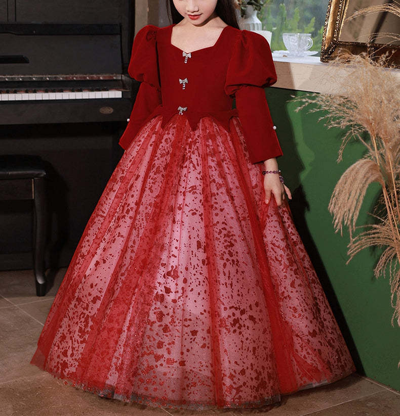 Princess A-Line Floor-Length Red Party Dress with V-Neck and Long Sleeves