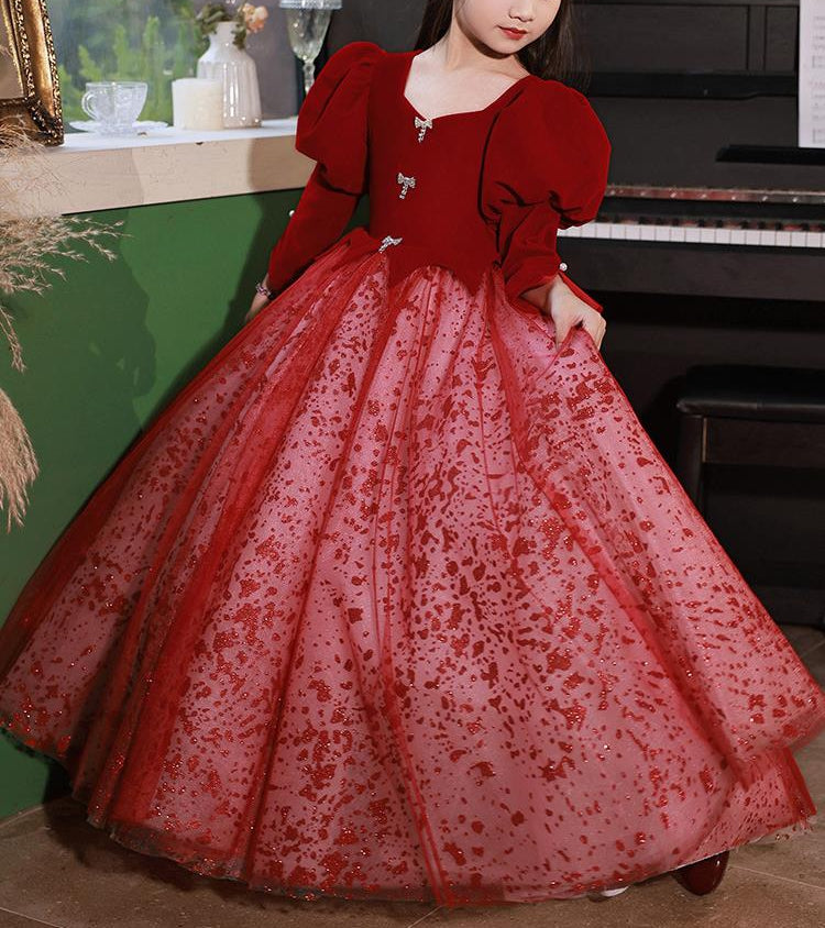 Princess A-Line Floor-Length Red Party Dress with V-Neck and Long Sleeves