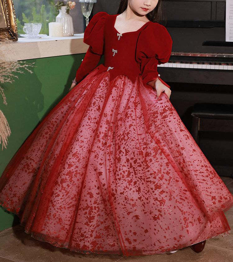 Princess A-Line Floor-Length Red Party Dress with V-Neck and Long Sleeves