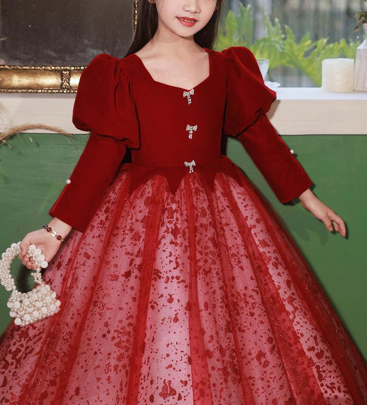 Princess A-Line Floor-Length Red Party Dress with V-Neck and Long Sleeves