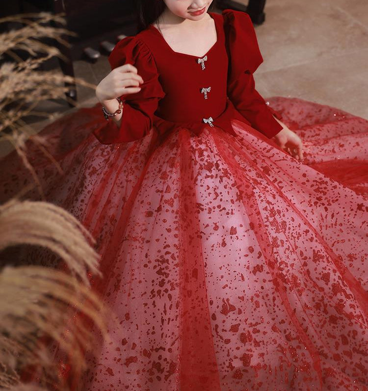 Princess A-Line Floor-Length Red Party Dress with V-Neck and Long Sleeves