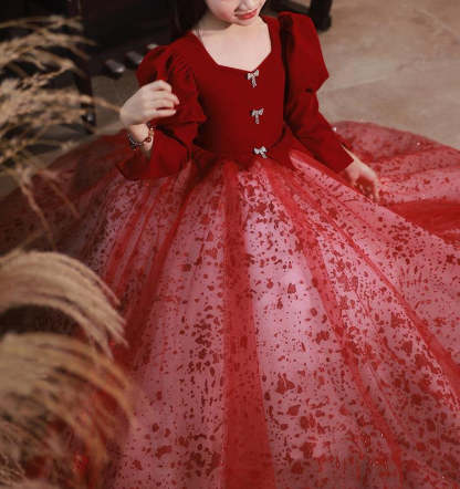 Princess A-Line Floor-Length Red Party Dress with V-Neck and Long Sleeves